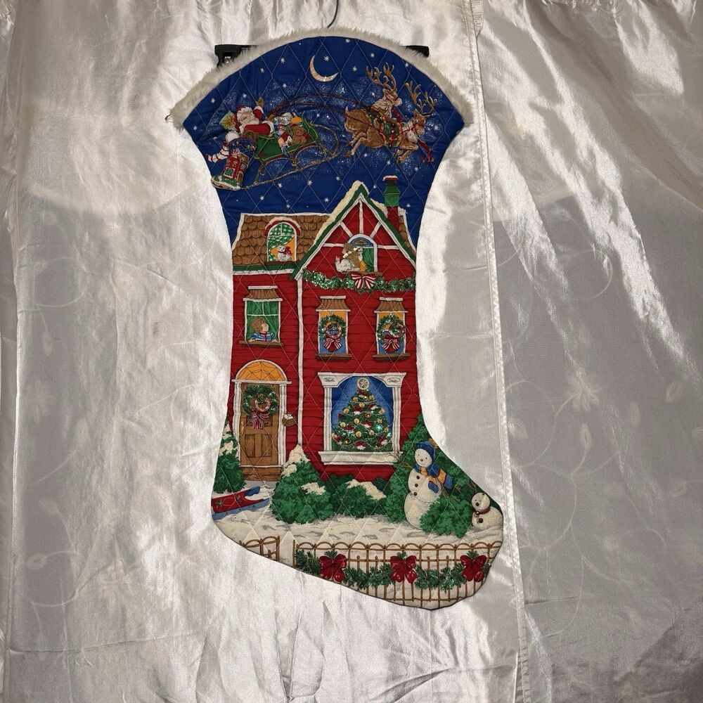 Vintage Christmas Stocking Santa Sleigh Reindeer Large 31” x 16”